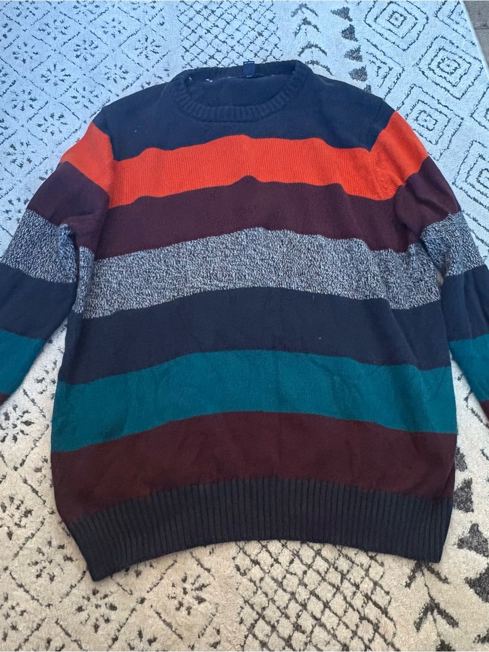 Lands' End Men's Striped Crewneck Sweater in Navy, Teal, Orange, Burgundy, Gray